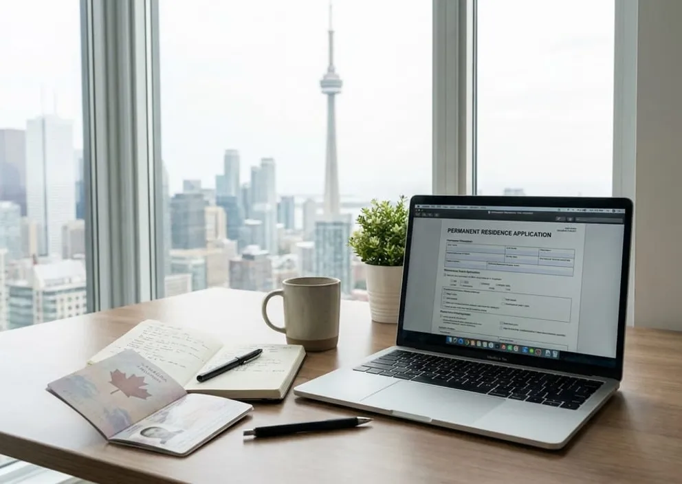 A young professional at a standing desk in a bright open-plan office in downtown Toronto, reviewing documents on a laptop, natural daylight