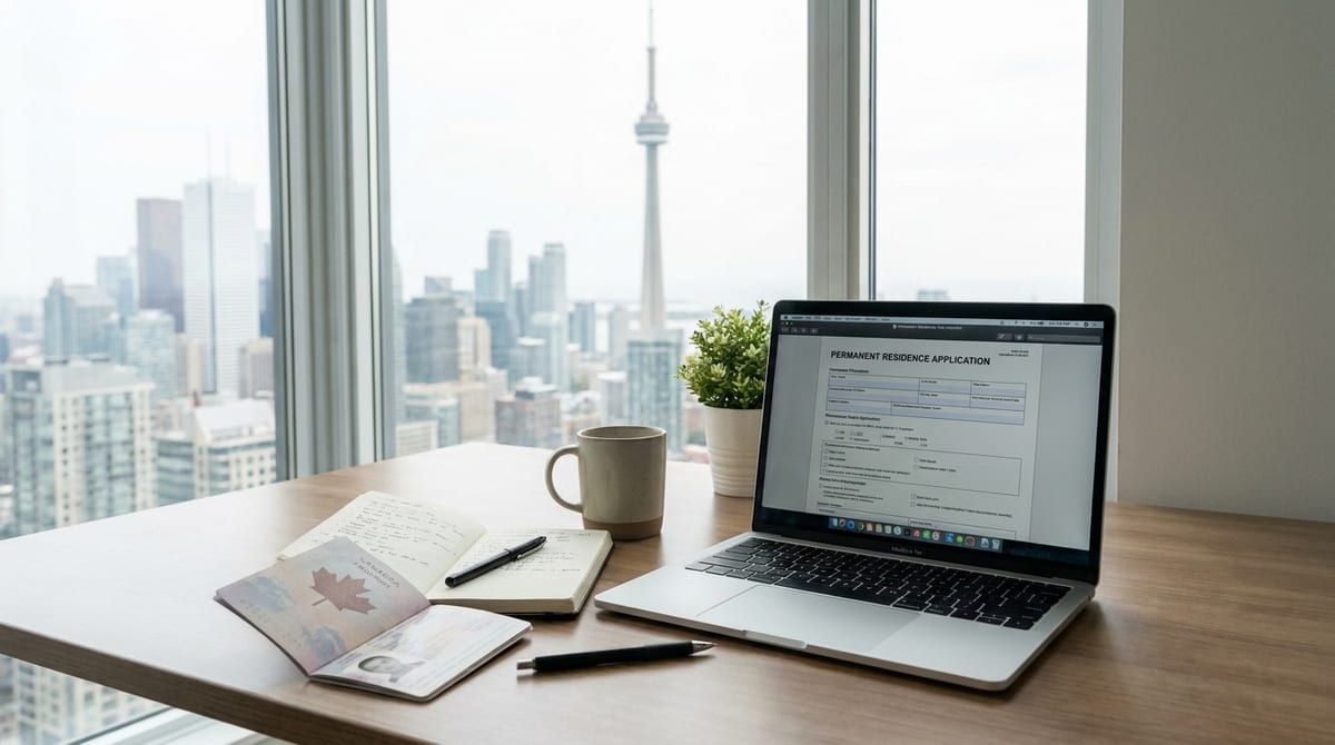 A young professional at a standing desk in a bright open-plan office in downtown Toronto, reviewing documents on a laptop, natural daylight