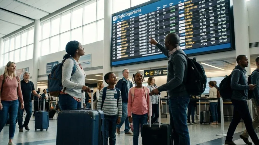 Kenyan family at the airport preparing for a flight to Canada