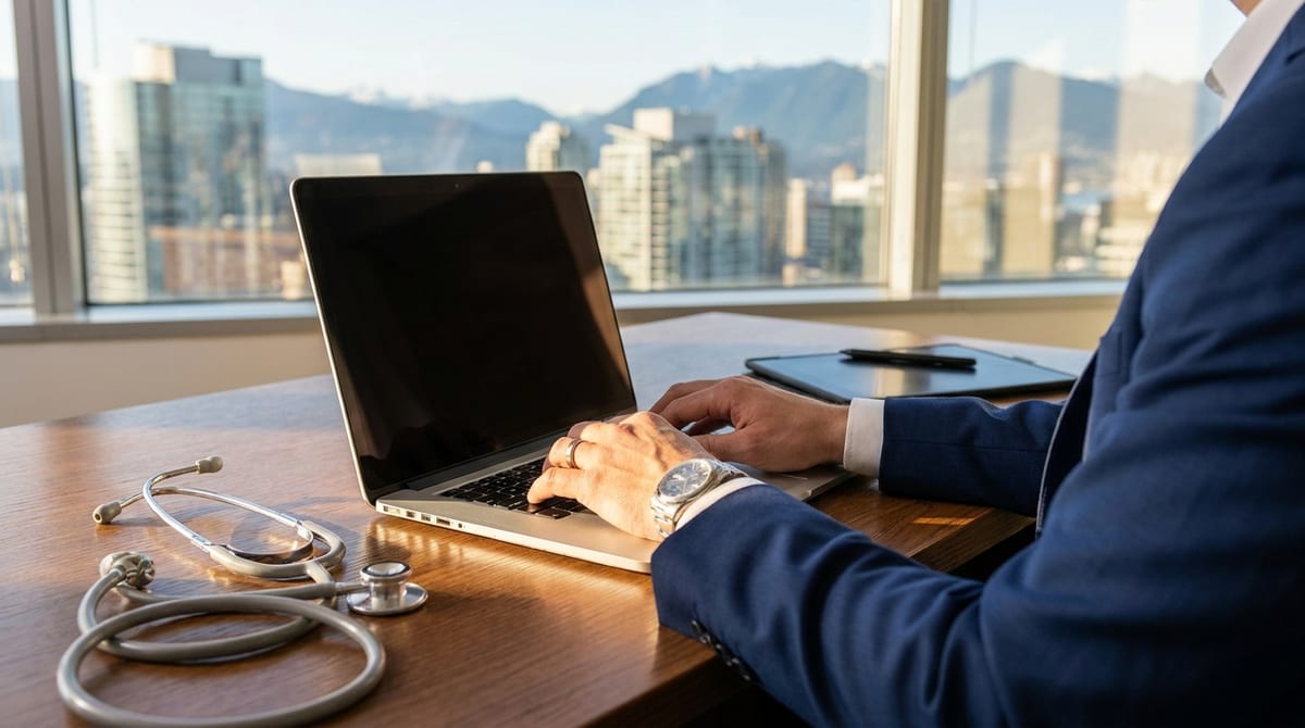 Professional hands typing on a laptop beside a stethoscope, symbolizing Alberta's tech and healthcare immigration pathways.