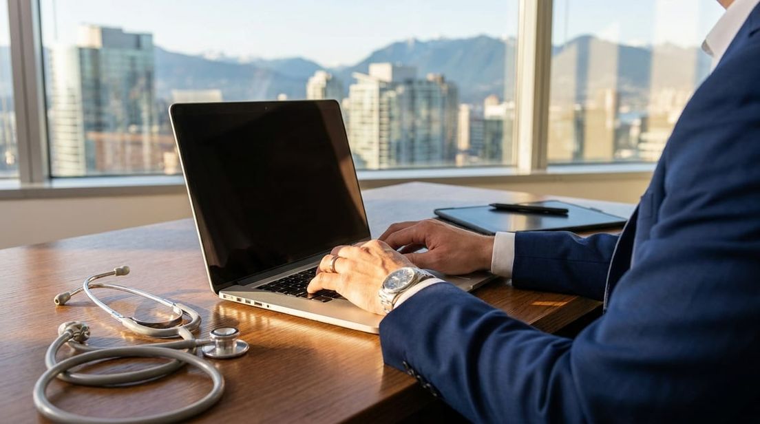 Professional hands typing on a laptop beside a stethoscope, symbolizing Alberta's tech and healthcare immigration pathways.