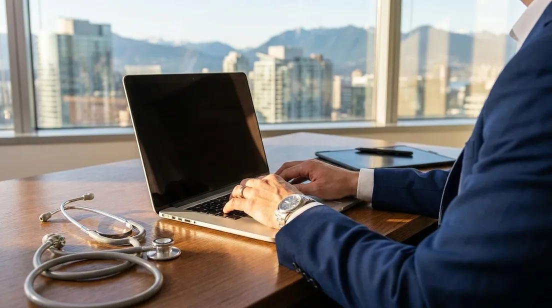 Professional hands typing on a laptop beside a stethoscope, symbolizing Alberta's tech and healthcare immigration pathways.