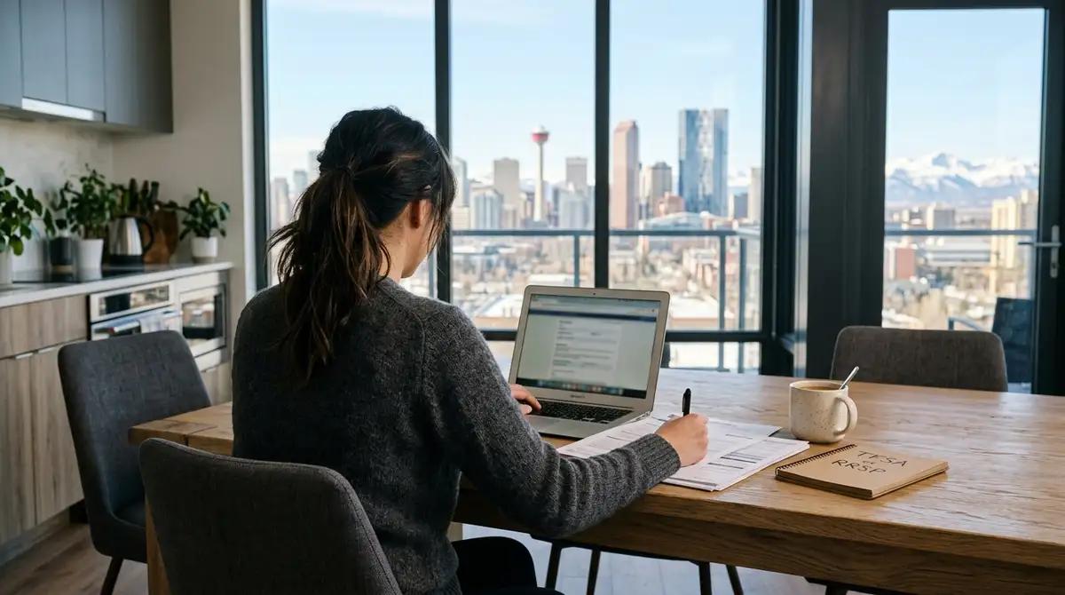 Woman reviews financial documents beside a laptop and notebook labeled “TFSA” and “RRSP,” overlooking a city skyline.