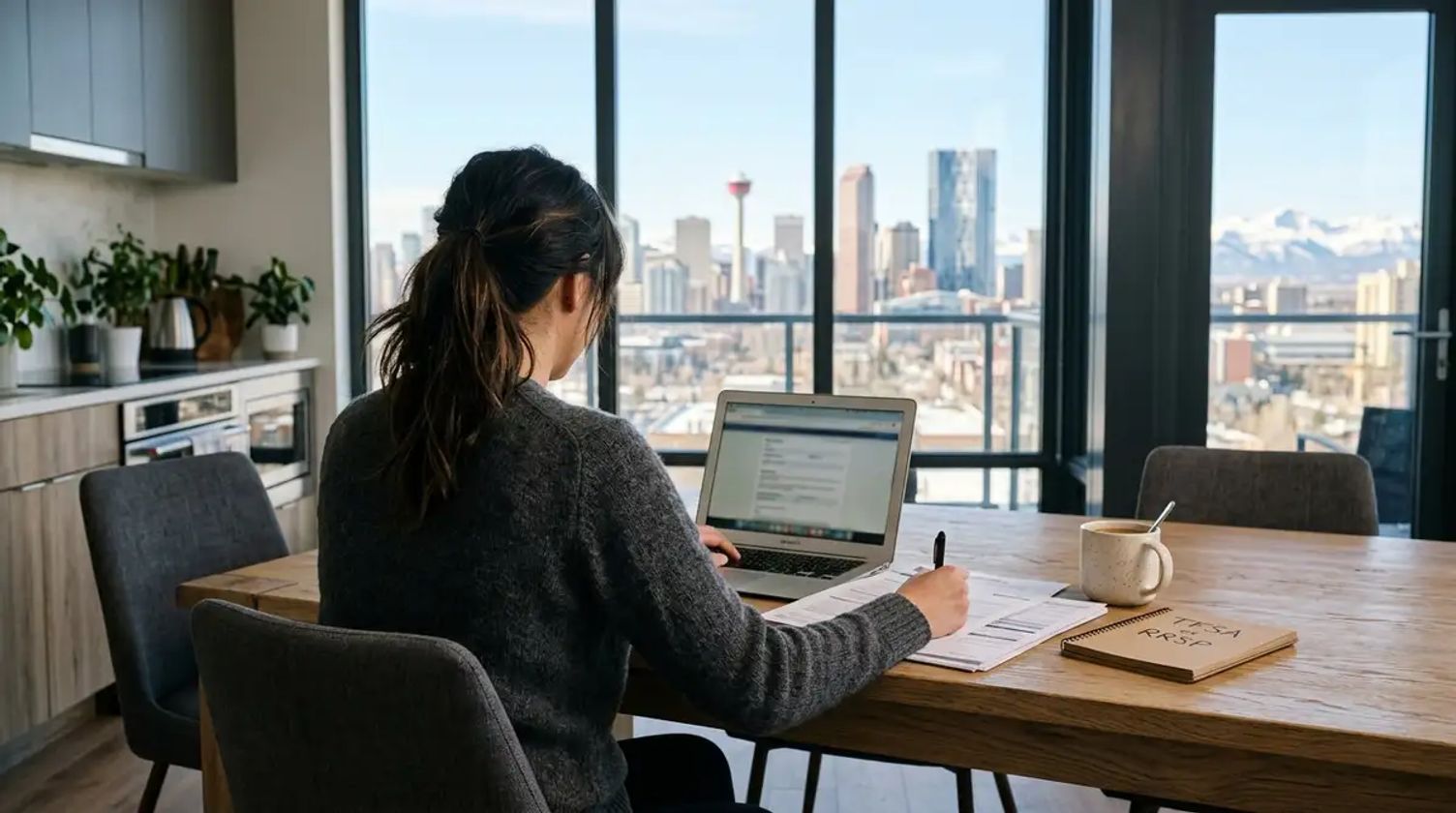 Woman reviews financial documents beside a laptop and notebook labeled “TFSA” and “RRSP,” overlooking a city skyline.