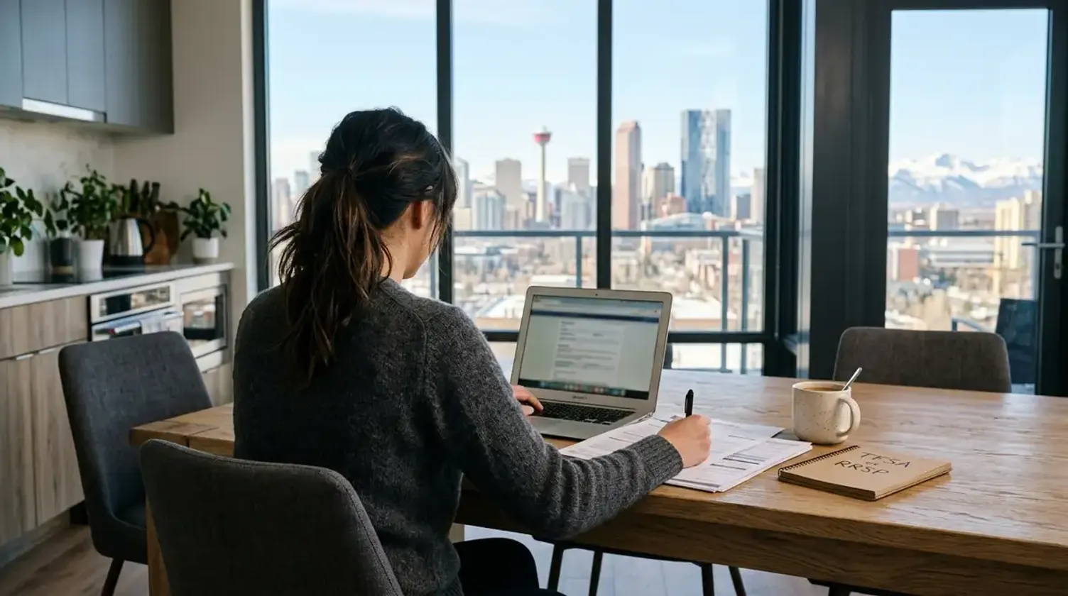 Woman reviews financial documents beside a laptop and notebook labeled “TFSA” and “RRSP,” overlooking a city skyline.