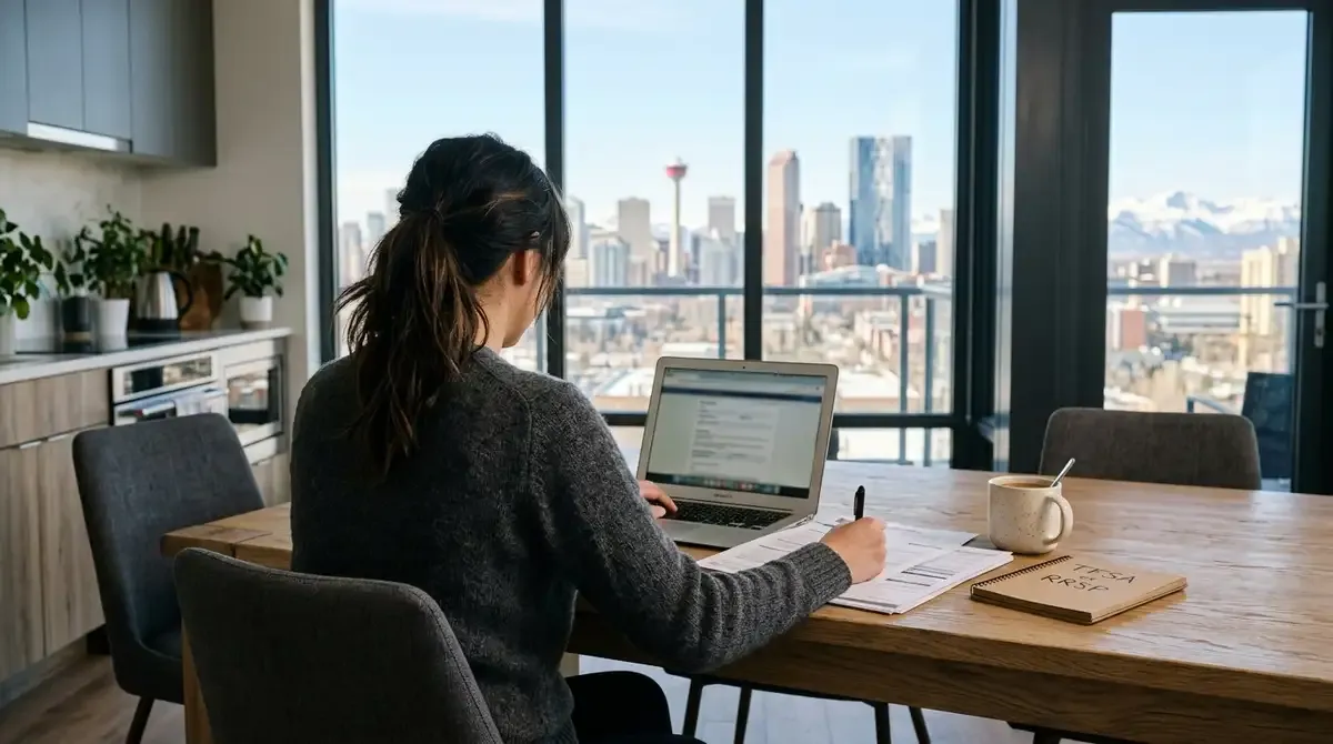 Woman reviews financial documents beside a laptop and notebook labeled “TFSA” and “RRSP,” overlooking a city skyline.
