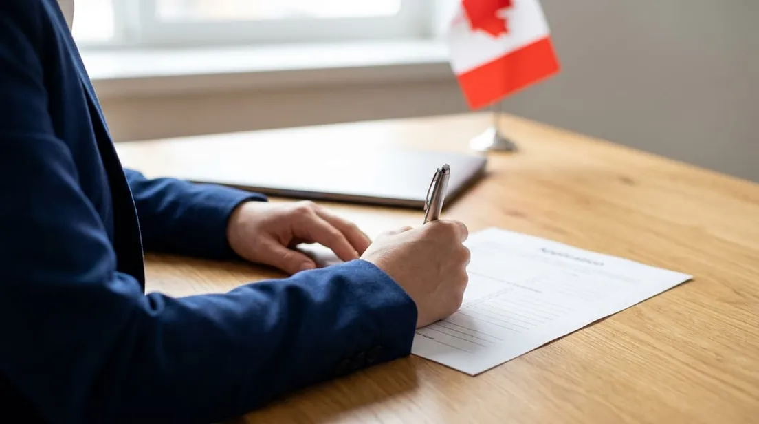 Close-up of hands in a navy blazer reviewing official eligibility documents with a pen on a wooden desk.