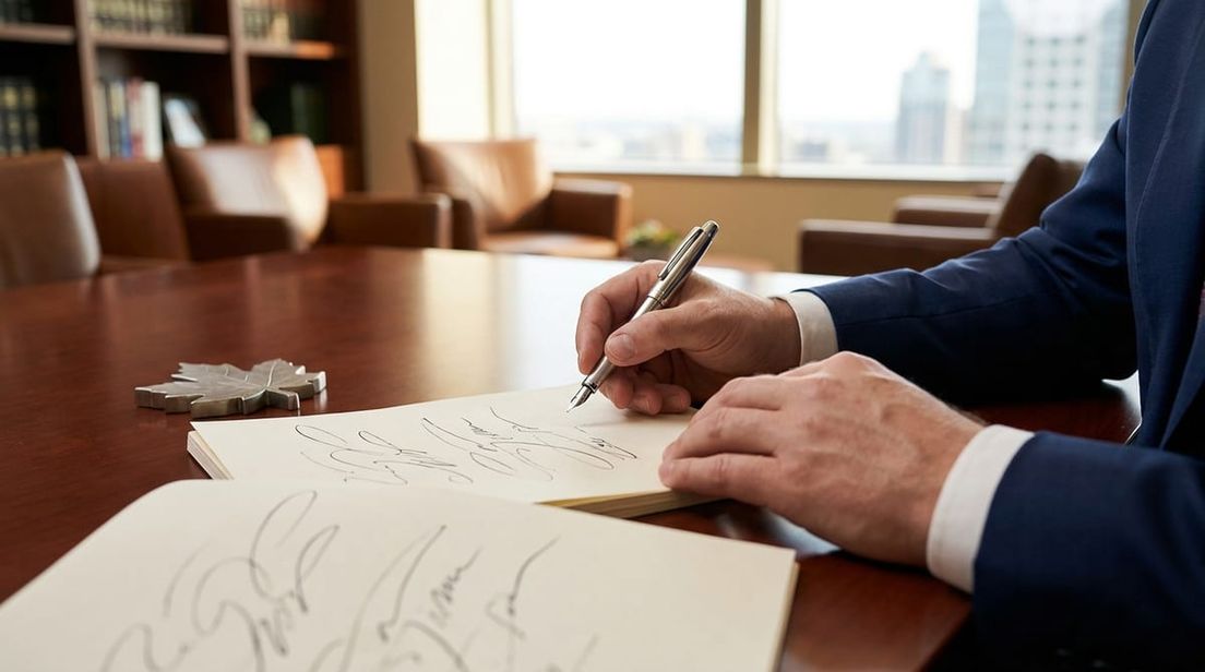 Close-up of hands in a navy suit signing official documents on a mahogany desk with a metallic maple leaf paperweight.