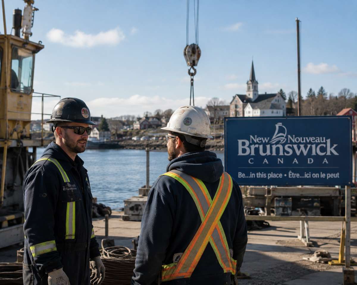 Two workers in hard hats talk near a waterfront next to a New Brunswick Canada sign.
