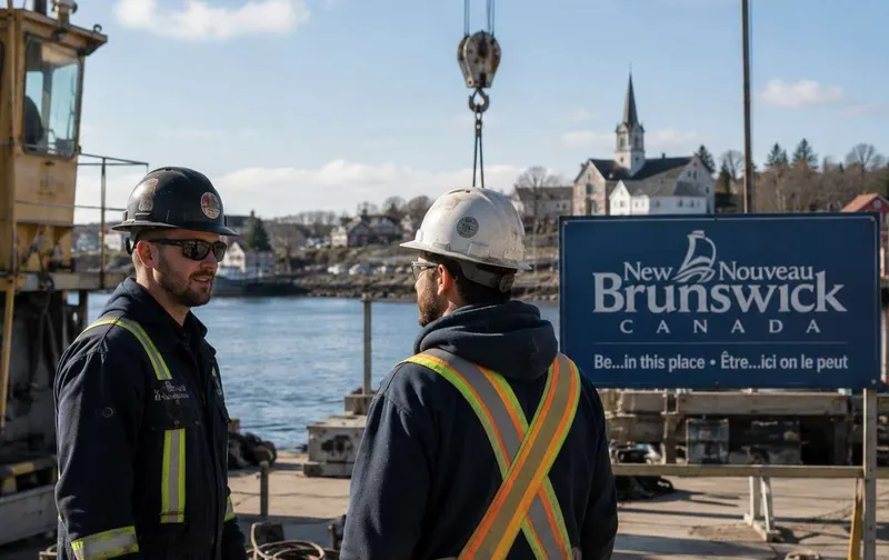 Two workers in hard hats talk near a waterfront next to a New Brunswick Canada sign.