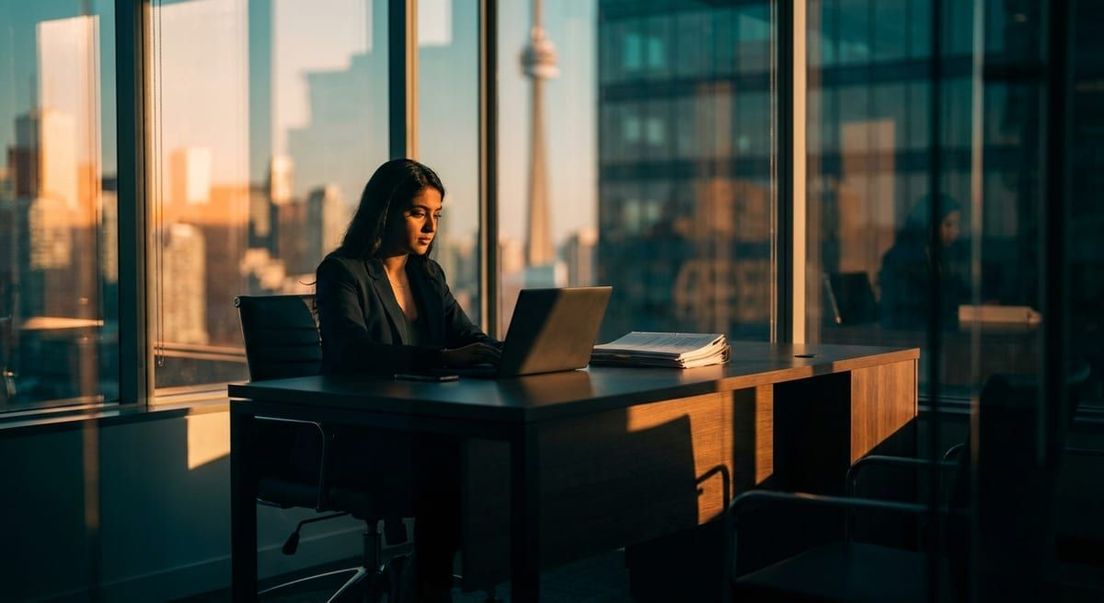 Photograph of a woman working on a laptop in a golden-lit Toronto office, ideal for post-graduation work in Canada.