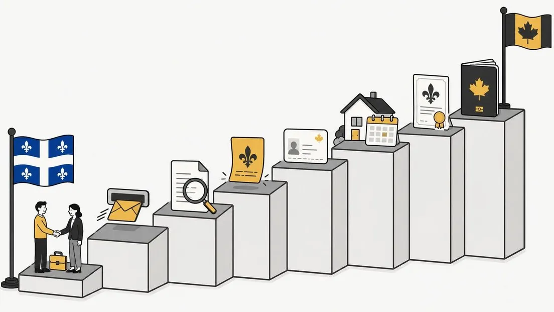 Illustration showing steps of the Quebec immigration process, from application to Canadian passport.
