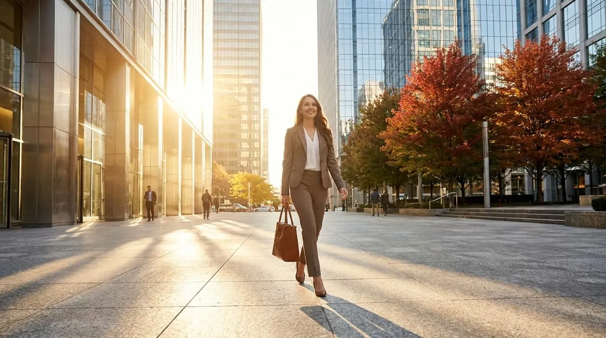 Skilled professionals in a bright modern Canadian office atrium overlooking a city skyline.