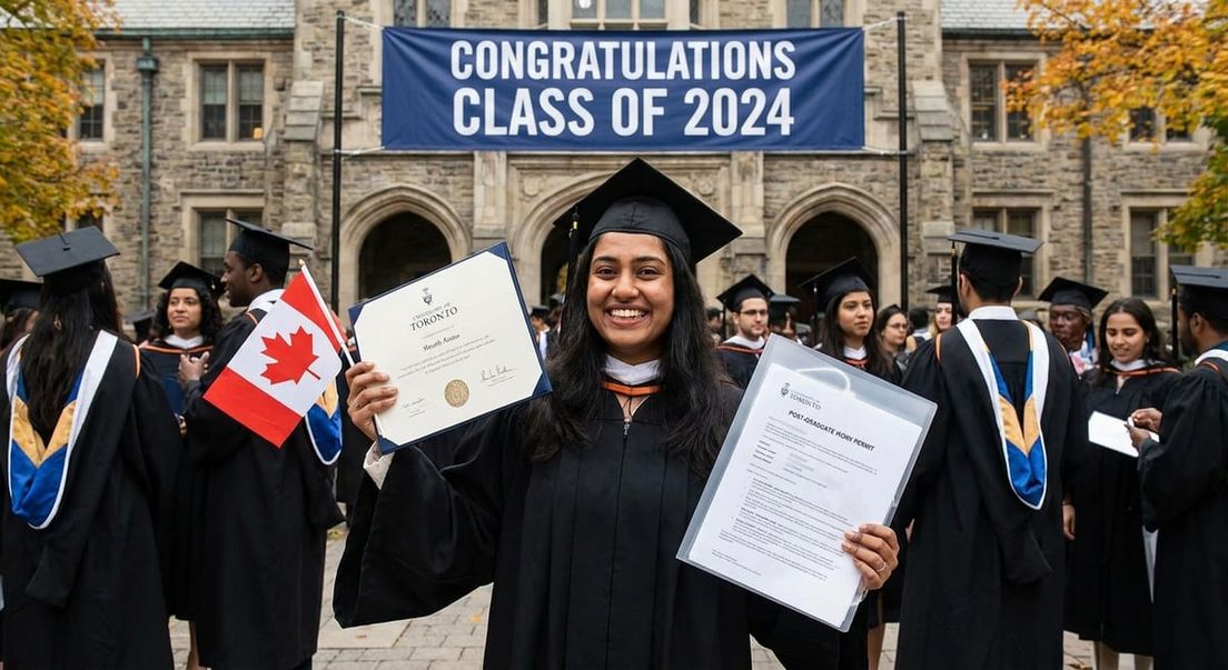 International student celebrating graduation with diploma – Post-Graduate Work Permit in Canada