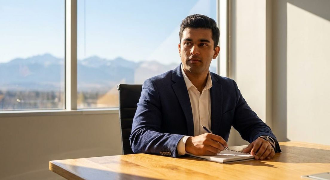 Photograph of a man in a blue blazer reviewing Alberta Opportunity Stream requirements by a window with mountain views.