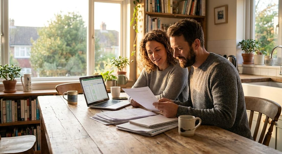 Photograph of a couple at a sunlit wooden table reviewing documents and a laptop for an admissibility hearing in Canada.