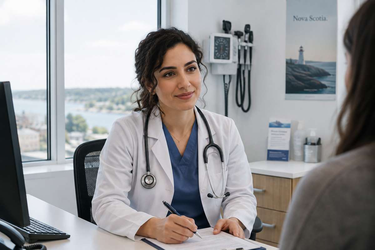 A female doctor wearing a stethoscope sitting at her desk in a medical office with a patient.
