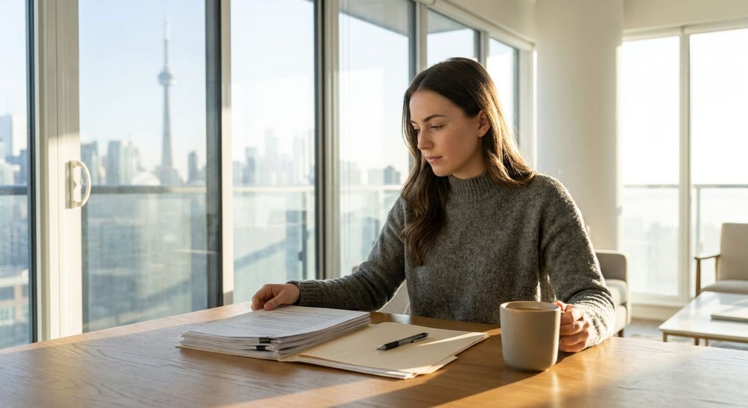 Photograph of a woman reviewing visitor documents near a Toronto skyline view, planning her legal stay in Canada.