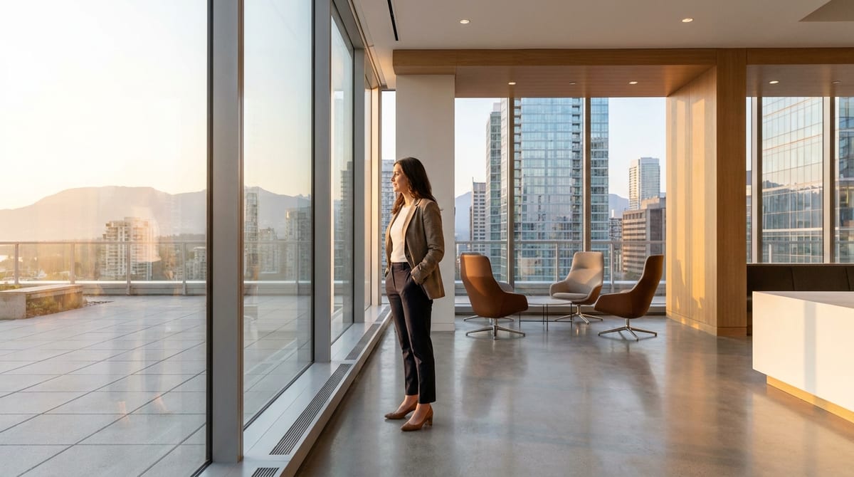 A professional looks out a large window at a bright Canadian city skyline, symbolizing opportunity and growth.
