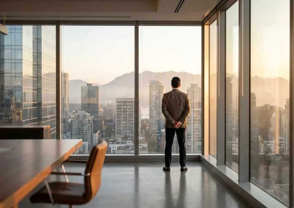 A professional looking out a high-rise window at a Canadian city skyline at sunrise, symbolizing hope and navigation.