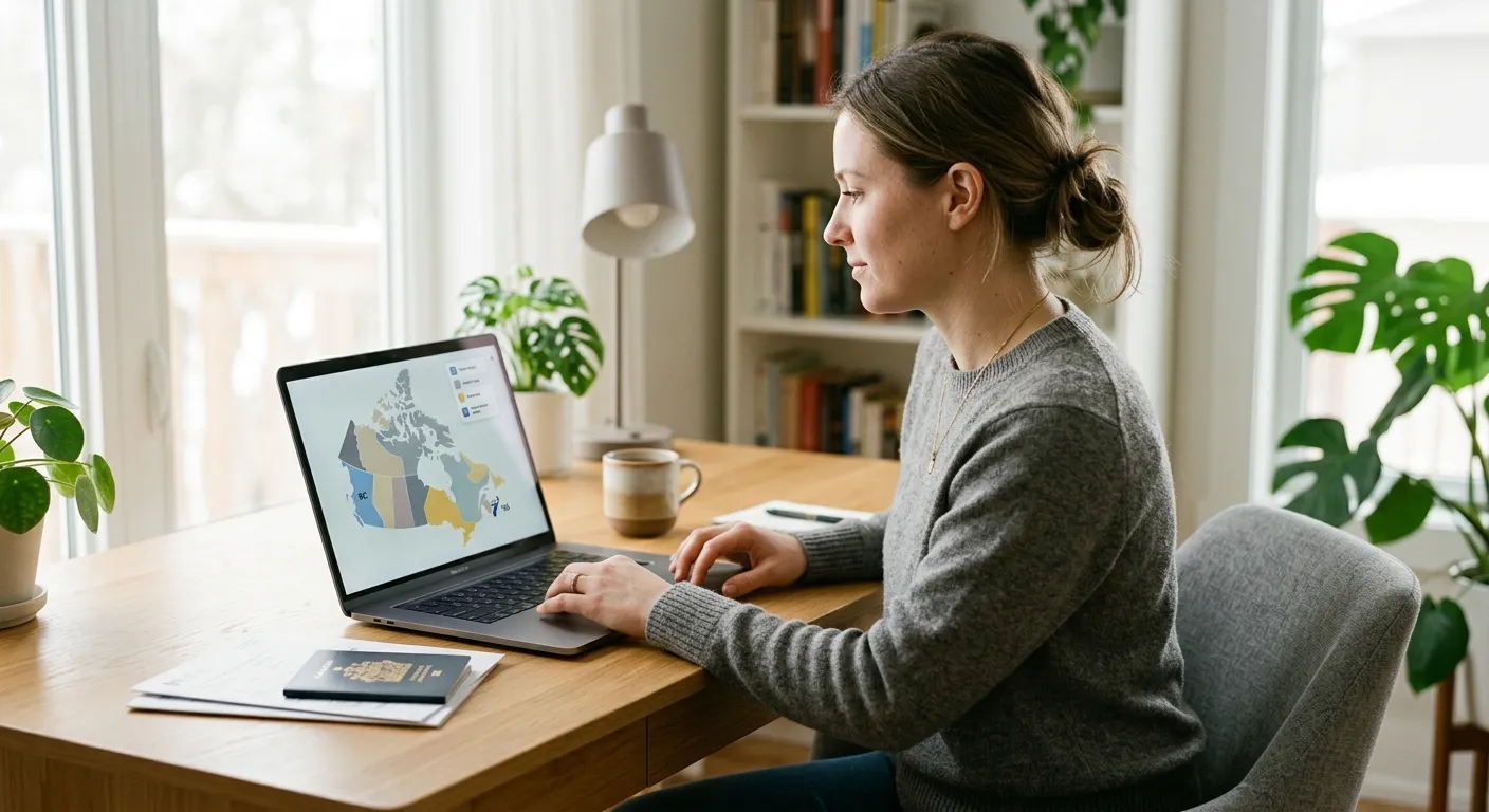 Woman using a Canadian immigration tool on her laptop, with her passport on the desk