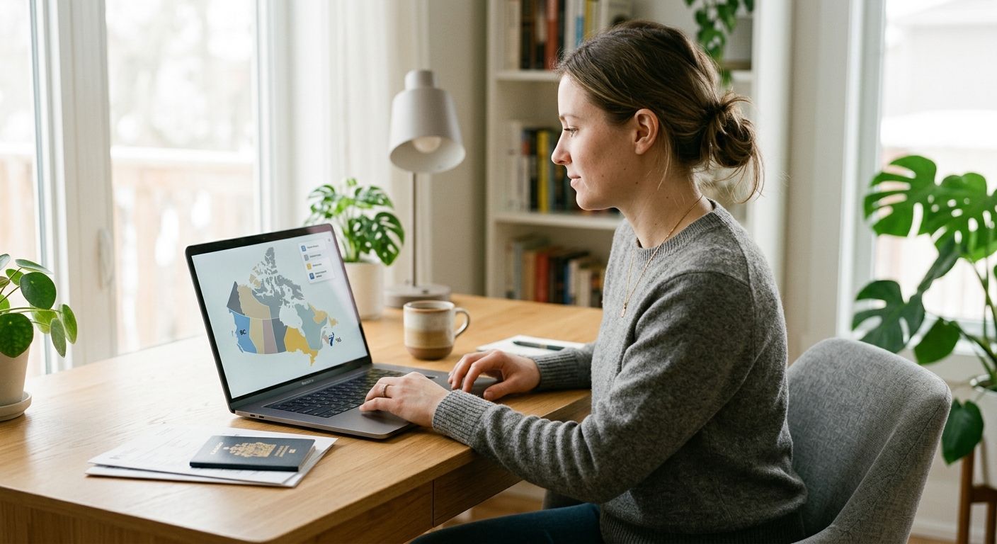 Woman using a Canadian immigration tool on her laptop, with her passport on the desk