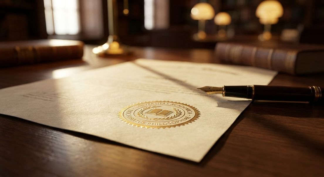 Photograph of a diploma with a gold seal and fountain pen on a desk for AOS education requirements.
