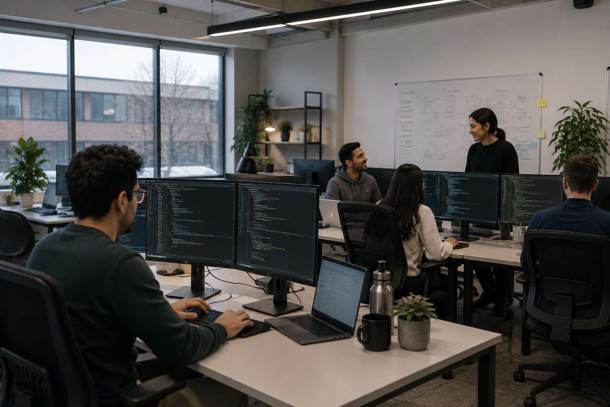 Software developers working on computer monitors displaying code in a modern office.