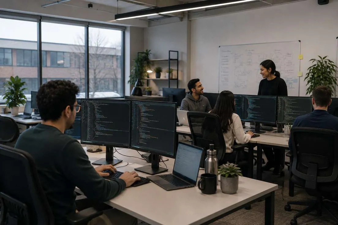 Software developers working on computer monitors displaying code in a modern office.