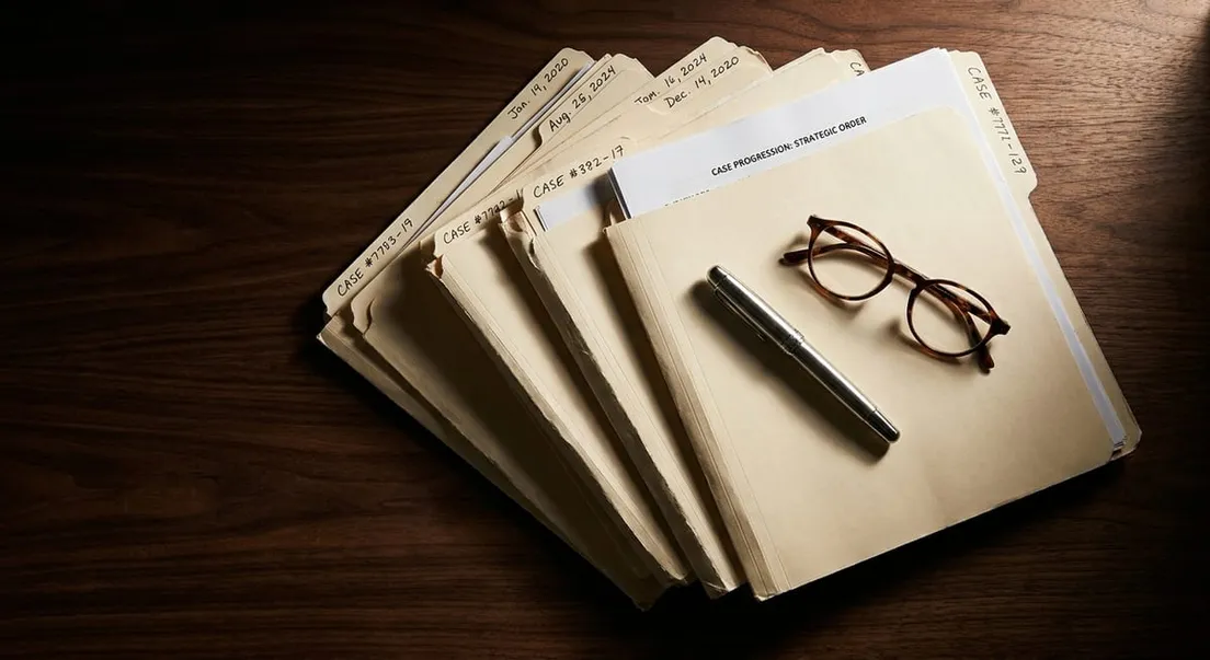 Photograph of manila legal case files, a silver pen, and glasses on a dark wood desk for a refugee appeal process.