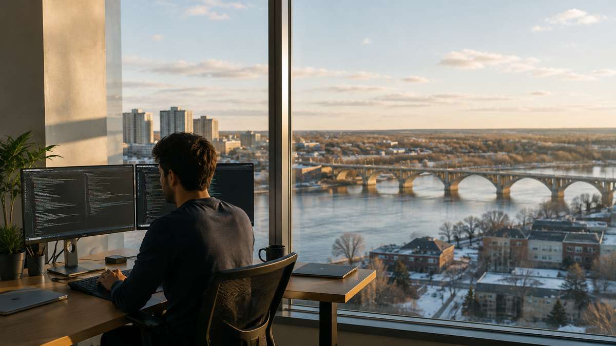 A man sits at a desk with dual monitors displaying code, overlooking a city river and bridge.