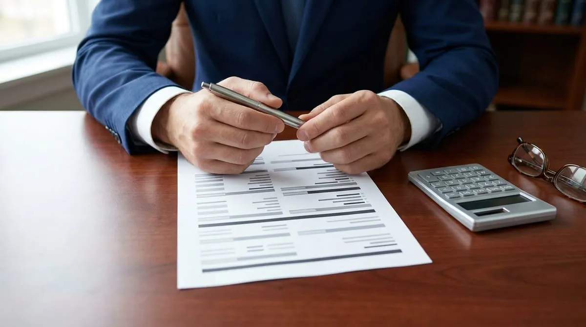 Professional hands in a suit reviewing an itemized legal document next to a calculator on a polished wooden desk.