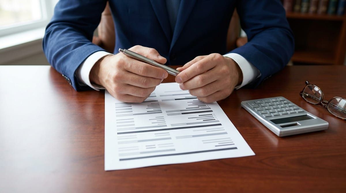 Professional hands in a suit reviewing an itemized legal document next to a calculator on a polished wooden desk.