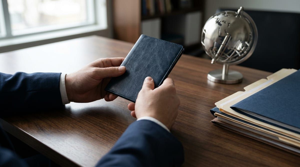 Close-up of hands holding a passport over a wooden desk with legal files and a small globe in a professional office.