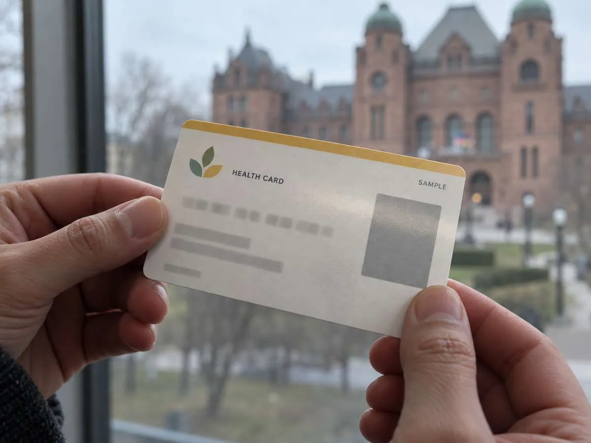 Hands hold a sample health card in front of a blurred historic government building.