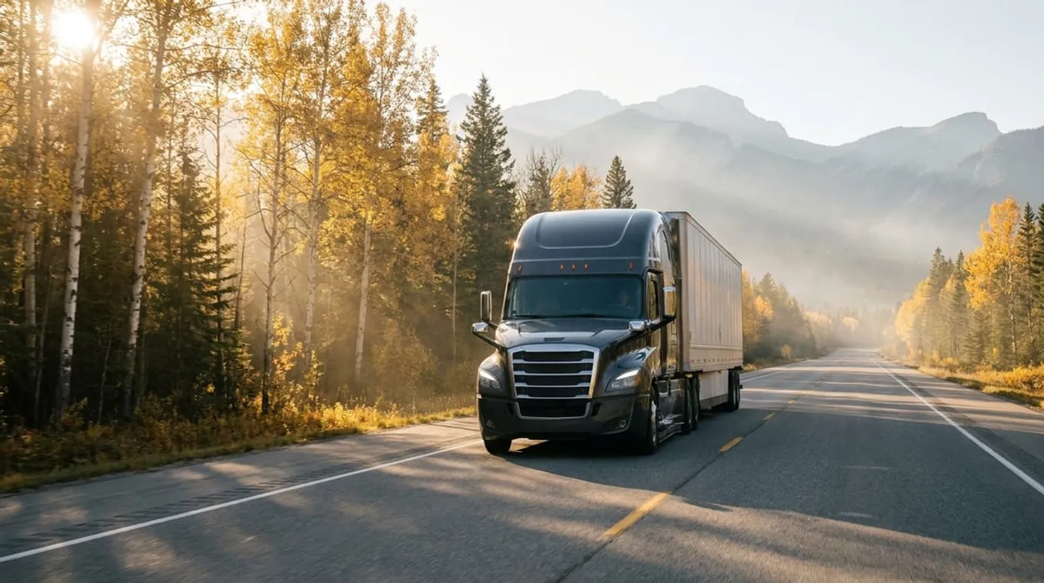 A commercial semi-truck travels on a scenic Canadian mountain highway surrounded by golden autumn trees at sunset.