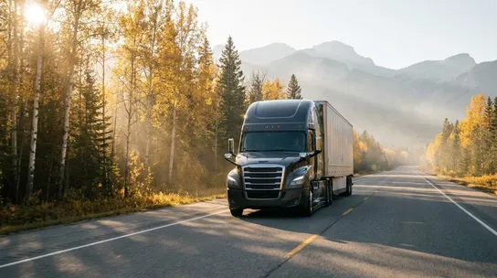 A commercial semi-truck travels on a scenic Canadian mountain highway surrounded by golden autumn trees at sunset.
