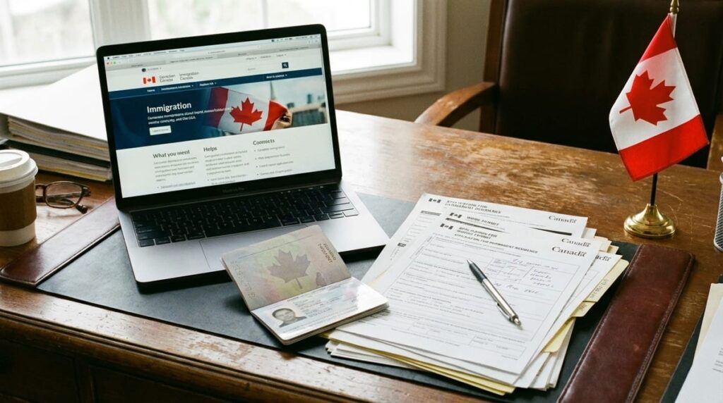 Immigration documents and Canadian passport on a desk