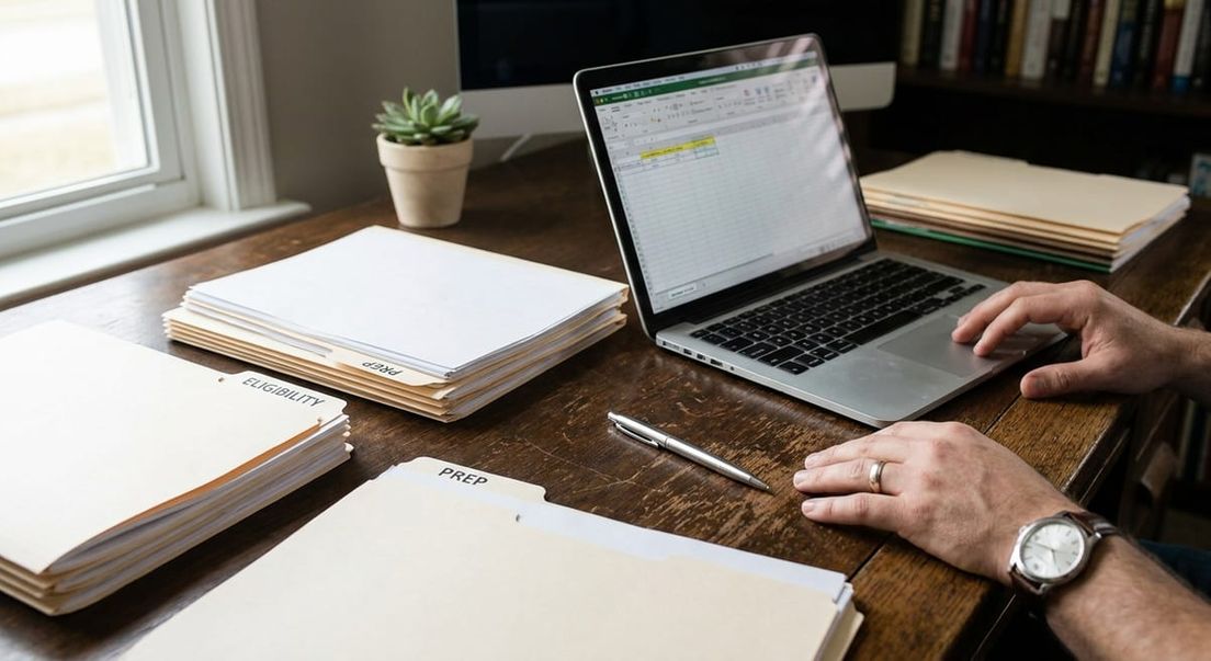Photograph of a person organizing spousal sponsorship eligibility documents and prep folders on a wooden desk.
