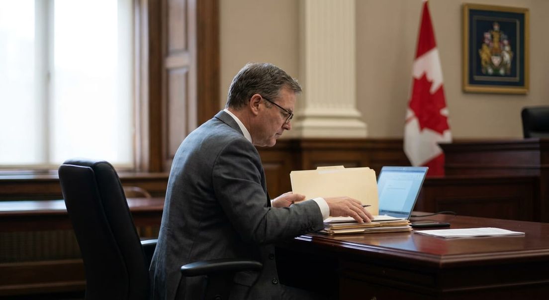Photograph of a legal professional reviewing files at a desk with a Canadian flag, depicting the detention review process.