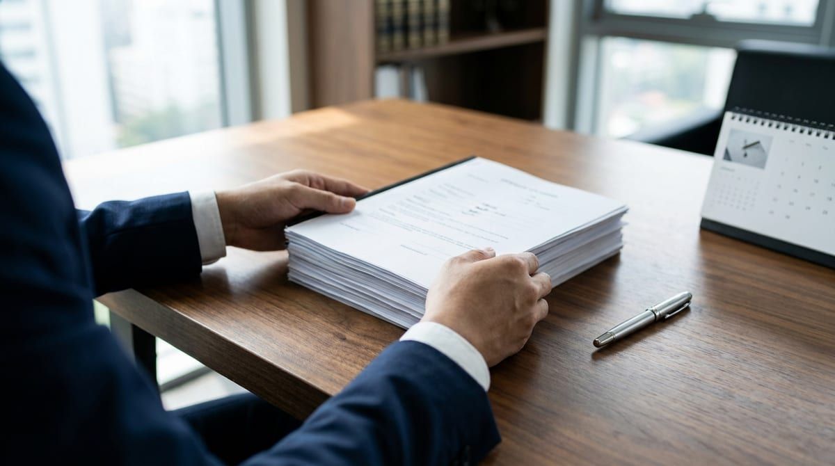 Hands organizing official immigration documents on a wooden desk with a pen and calendar, representing careful preparation.
