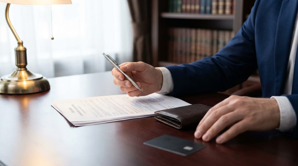 Hands in a tailored suit reviewing legal documents and a blank payment card on a premium dark wood desk.