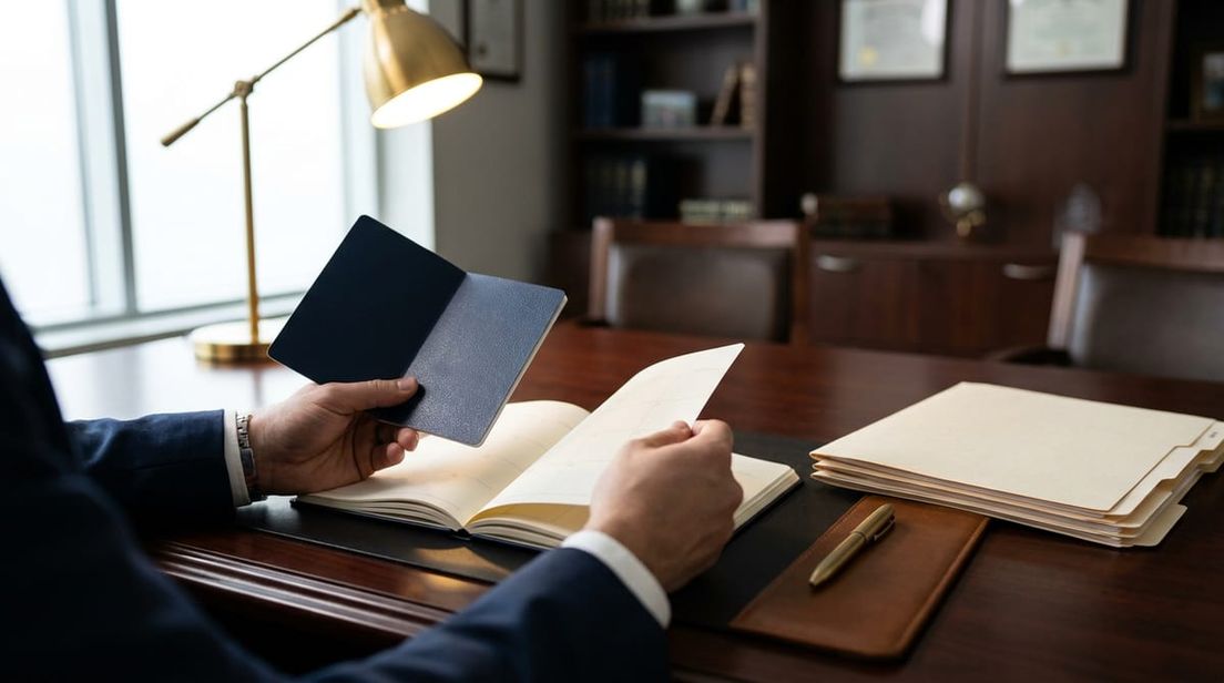 Professional hands reviewing a blank passport and a calendar planner on a sleek desk, representing immigration eligibility.