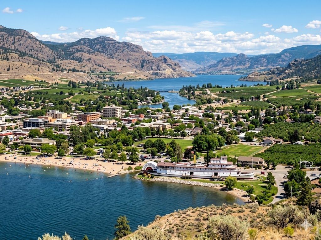 Aerial view of Penticton, BC, showing Okanagan Lake, a sandy beach, and the historic SS Sicamous paddlewheeler.