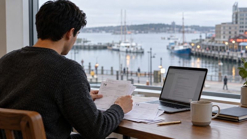Person reviewing T4 tax forms beside a laptop at a waterfront window.