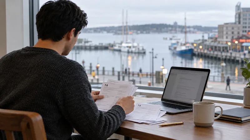 Person reviewing T4 tax forms beside a laptop at a waterfront window.