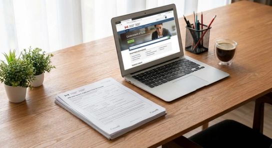 A professional office desk with Canadian immigration documents and a laptop