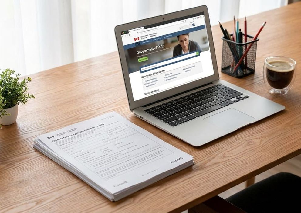 A professional office desk with Canadian immigration documents and a laptop