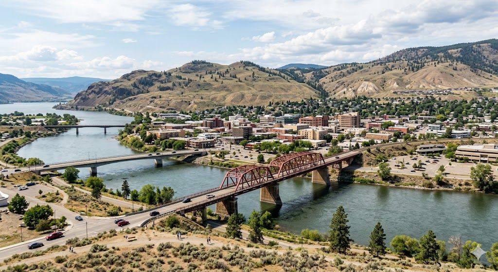 Aerial view of a Canadian city with bridges crossing a wide river, surrounded by dry, rolling hills.
