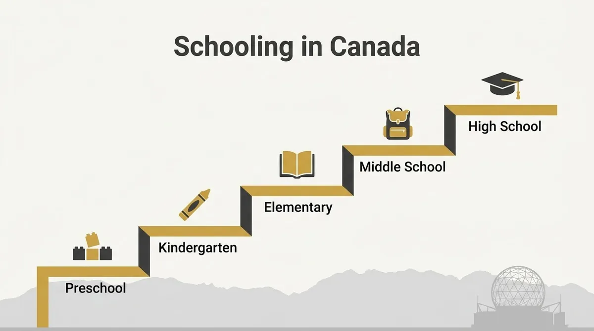 Diagram titled Schooling in Canada showing education levels on steps from preschool to high school.